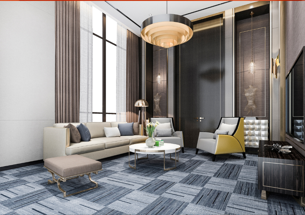 Ofis zemin kaplaması için antrasit renkli, akustik özellikli ithal karo halı uygulaması